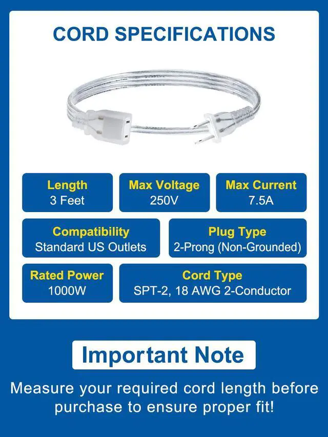 Alt view image 6 of 7 - Short Clear Extension Cord 3FT, 1 Pack Single Skinny Extension Cord Indoor Thin, UL Polarized 2 Prong, 18 AWG 250V 7.5A, Discreet Lightweight Small Power Cable 3 Foot for Lamp
