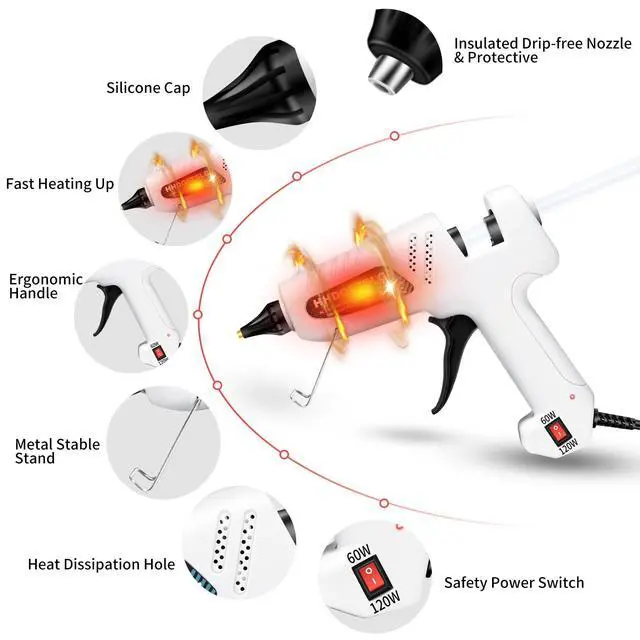 Alt view image 7 of 7 - 60/120W Full Size Hot Glue Gun Kit, Dual Power Glue Gun with 30PCS Premium Glue Sticks (6"x0.44"), Fast Preheating Heavy Duty Industrial Hot Melt Glue Gun for Craft,DIY and Gift Making