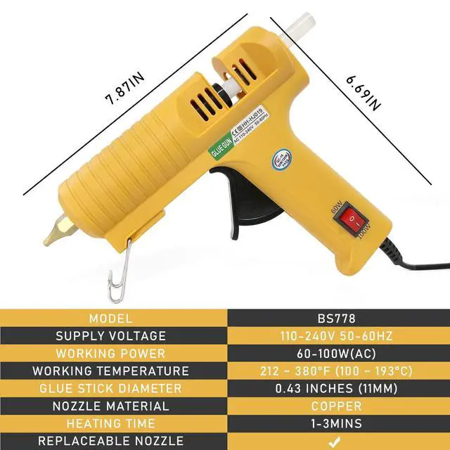 Alt view image 2 of 7 - Hot Glue Gun,Full Size High Temperature Glue Gun Kit with 12 Clear Glue Sticks, 60/100W. For Craft School DIY Art Home and Quick Repair -Yellow