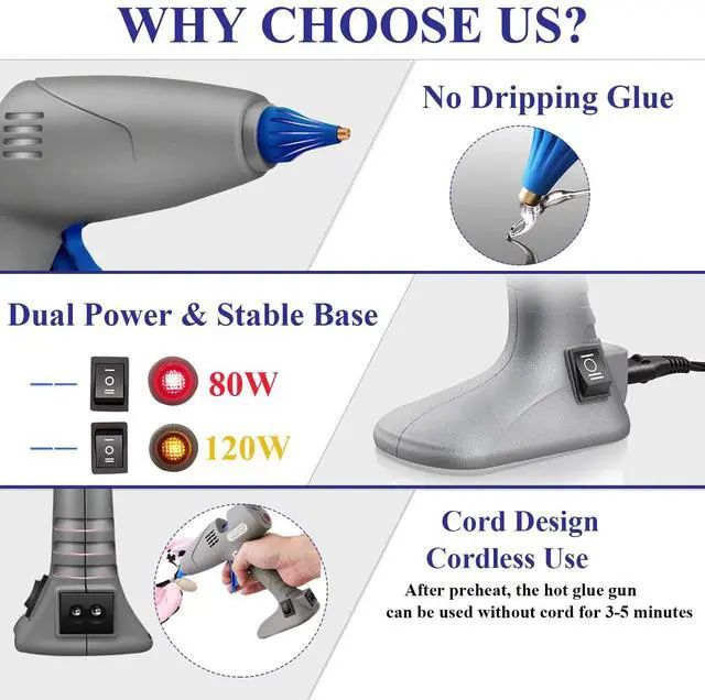 Alt view image 4 of 6 - Hot Glue Gun Full-Size, 80/120W Dual Temp, Anti-Drip, for DIY Craft