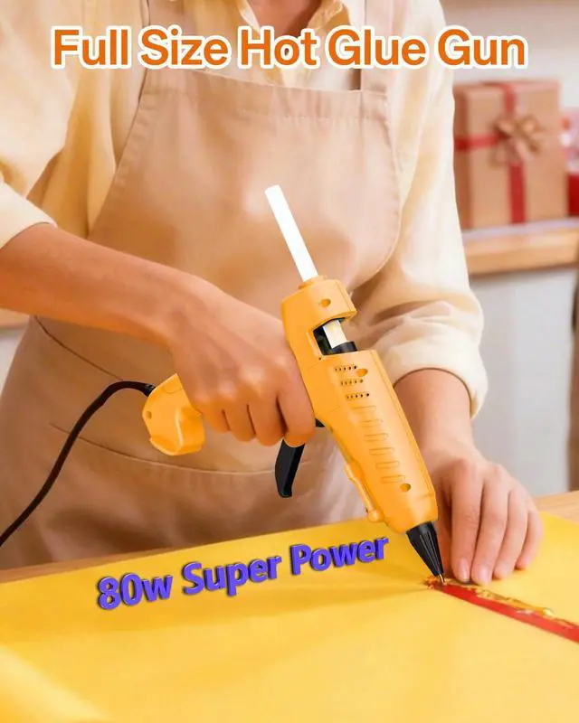Alt view image 2 of 7 - Full Size Hot Glue Gun with 10 Sticks, Heavy Duty Glue Gun with 80W Super Power, Anti-scald Nozzle and Easy Squeeze Trigger, Perfect for Crafting, DIY and Repairs - Yellow