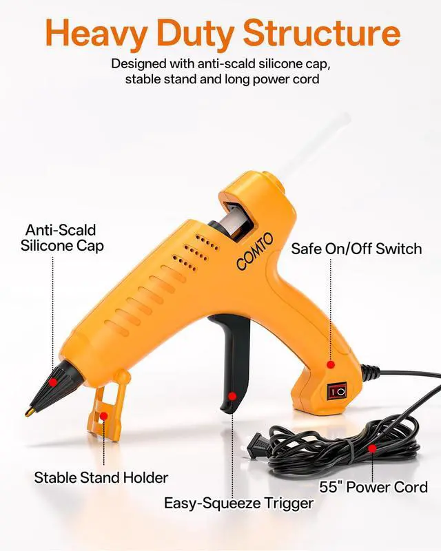 Alt view image 3 of 7 - Full Size Hot Glue Gun with 10 Sticks, Heavy Duty Glue Gun with 80W Super Power, Anti-scald Nozzle and Easy Squeeze Trigger, Perfect for Crafting, DIY and Repairs - Yellow