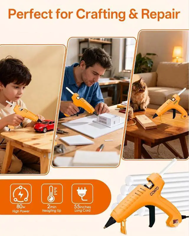 Alt view image 5 of 7 - Full Size Hot Glue Gun with 10 Sticks, Heavy Duty Glue Gun with 80W Super Power, Anti-scald Nozzle and Easy Squeeze Trigger, Perfect for Crafting, DIY and Repairs - Yellow