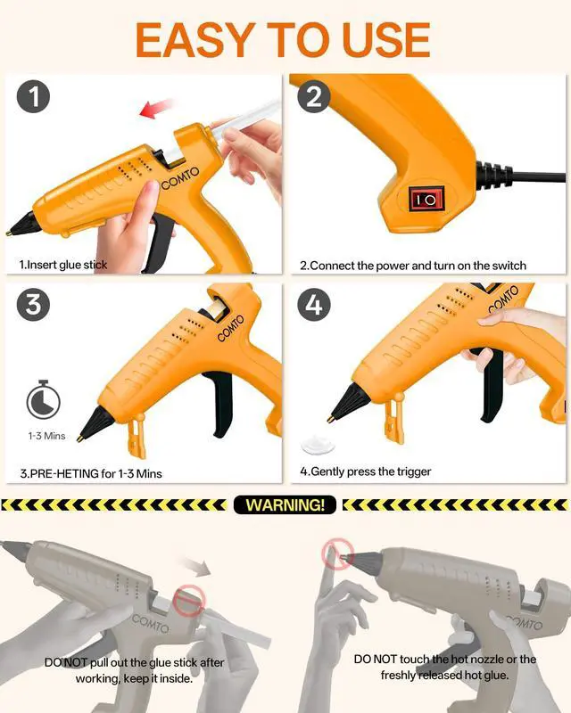 Alt view image 7 of 7 - Full Size Hot Glue Gun with 10 Sticks, Heavy Duty Glue Gun with 80W Super Power, Anti-scald Nozzle and Easy Squeeze Trigger, Perfect for Crafting, DIY and Repairs - Yellow