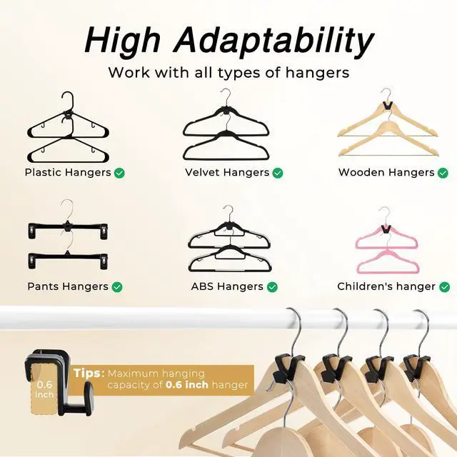 Alt view image 4 of 7 - Space Saving Hanger Hooks 60 Pack, Black Clothes Hanger Connector Hooks, Heavy Duty Hanger Hooks Space Saver, Premium College Dorm Room Essentials, Good Closet Organizers and Storage