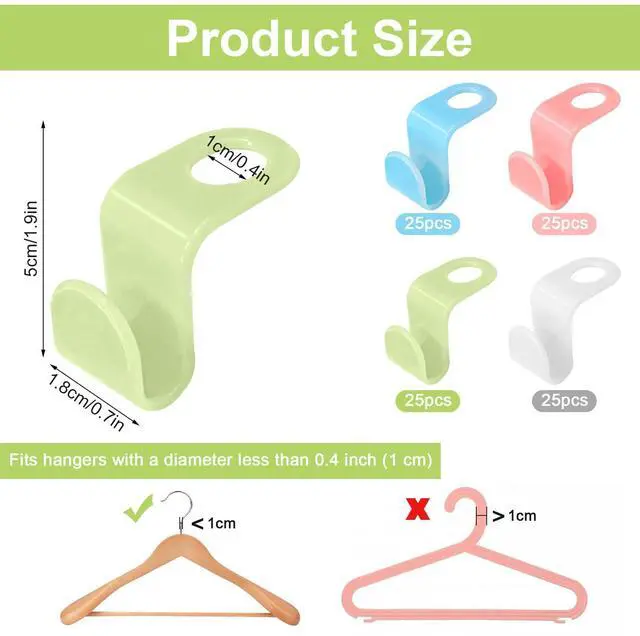 Alt view image 2 of 6 - 100 PCS Hanger Connector Hooks, Space Saving Cascading Hanger Hooks for Closet Organization, Heavy Duty Plastic Hanger Clips, Blue White Pink Green