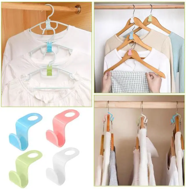 Alt view image 6 of 6 - 100 PCS Hanger Connector Hooks, Space Saving Cascading Hanger Hooks for Closet Organization, Heavy Duty Plastic Hanger Clips, Blue White Pink Green