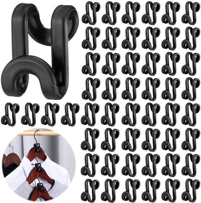 Main image of 100 Pcs Black Plastic Heavy Duty Clothes Hanger Connector Hooks, Space Saving, Cascading