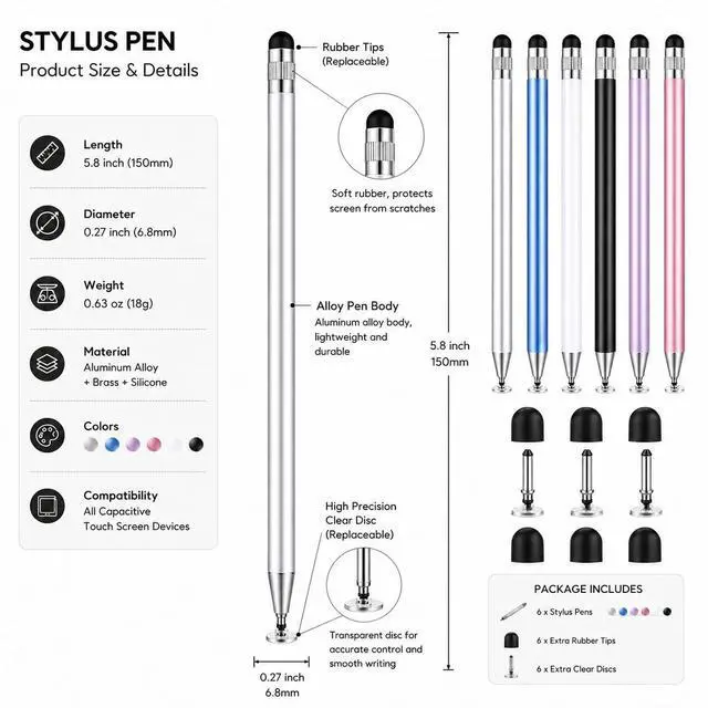 Alt view image 4 of 5 - 6 Pack Stylus Pen for Touchscreen, 2-in-1 Universal Stylus for Nintendo Switch, High-Precision Disc Tip Capacitive Stylus Pencil for Apple iPad/Ayn Thor/iPhone/Android Smartphones and Tablets