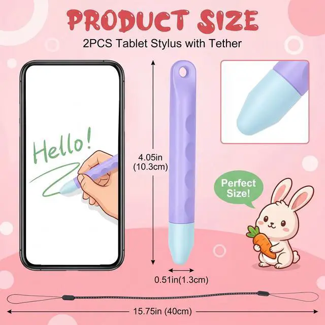 Alt view image 2 of 7 - 2Pcs Kid-Friendly Tablet Stylus, Kid-Friendly Stylus Pens for Touch Screens with Tether Kids Stylus Pen Anti-Rolling Tablet Styluses for Phone Tablets All Touch Screen Devices(Pink, Purple)