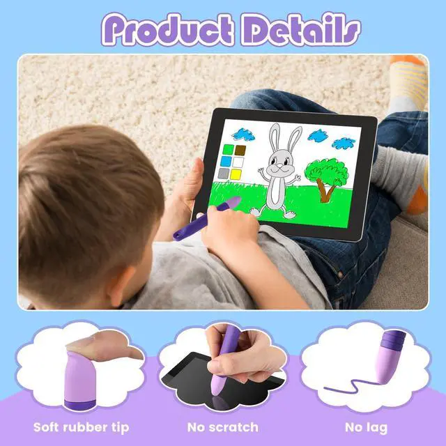 Alt view image 3 of 7 - 2Pcs Kids Stylus Pen for ipad, Stylus for Kids with Tethers, Anti-Rolling Tablet Stylus for Kids Compatible with iPad, iPhone, Tablets, Kindle and All Touch Screen Devices, Blue+Purple