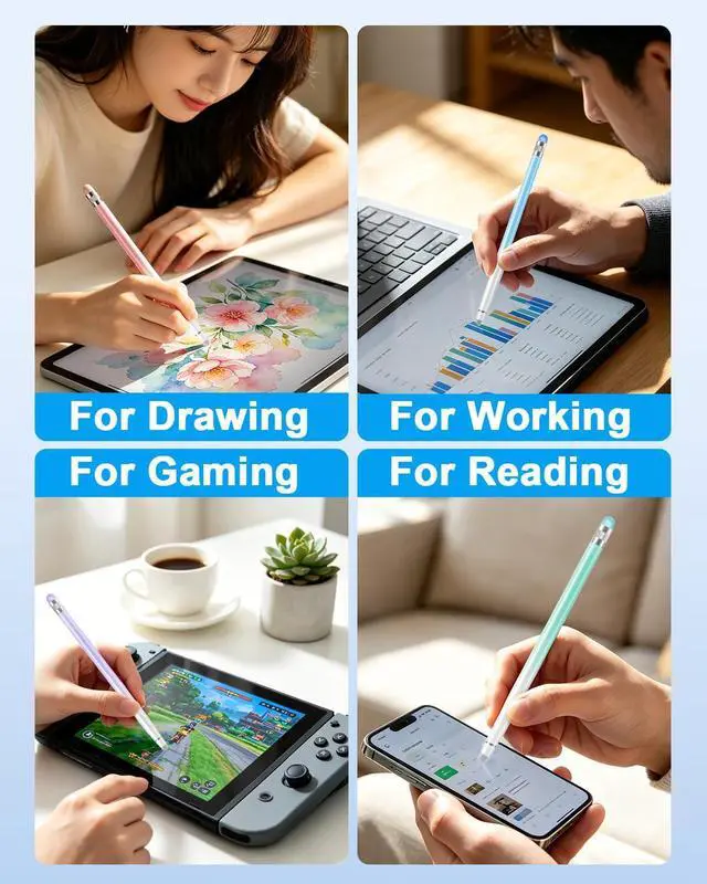 Alt view image 7 of 7 - Stylus Pens for Touch Screens 4Pack Universal Tablet Pen Capacitive Stylus Pen for iPad/iPhone/Switch/Android Smartphone and Tablets with 8 Replace Tips (Purple/Blue/Pink/Green)