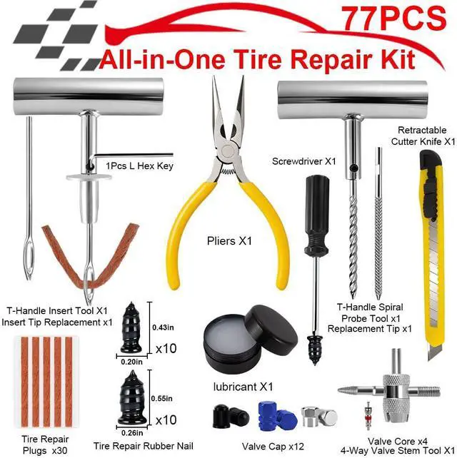 Alt view image 2 of 7 - 77Pcs Tire Plug Kit, Heavy Duty Tire Repair with Rubber Nails, Screw Plugs, T-Handle, Professional Fix a Flat Puncture Patch Tools Kit for Car, Motorcycle, Truck, UTV, ATV & Lawn Mower Tubeless