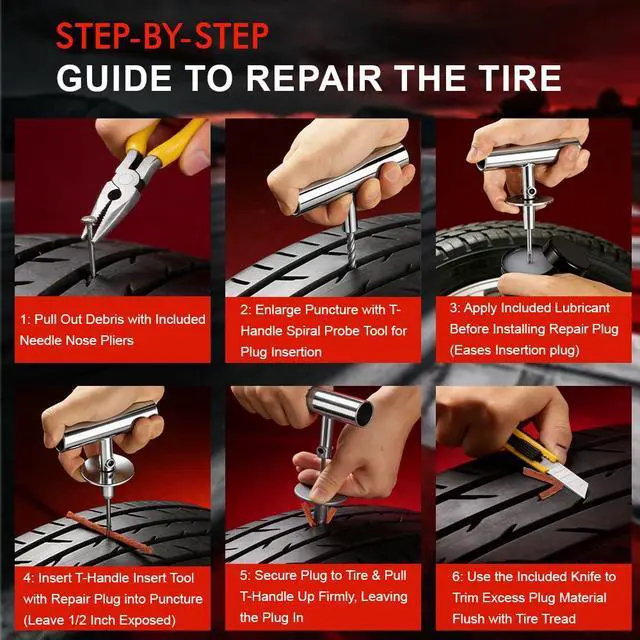 Alt view image 4 of 7 - 77Pcs Tire Plug Kit, Heavy Duty Tire Repair with Rubber Nails, Screw Plugs, T-Handle, Professional Fix a Flat Puncture Patch Tools Kit for Car, Motorcycle, Truck, UTV, ATV & Lawn Mower Tubeless