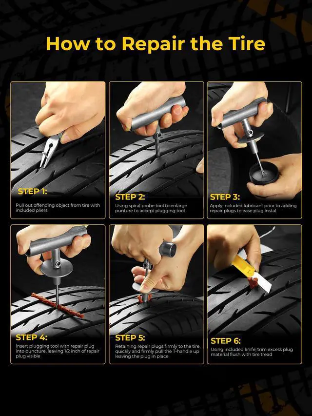 Alt view image 6 of 7 - Tire Repair Kit with Plugs Fix Punctures & Plug Flats with Ease - Heavy Duty Flat Tire Puncture Repair Kit for Car, Motorcycle, ATV, UTV, RV, Trailer, Tractor, Jeep, Etc