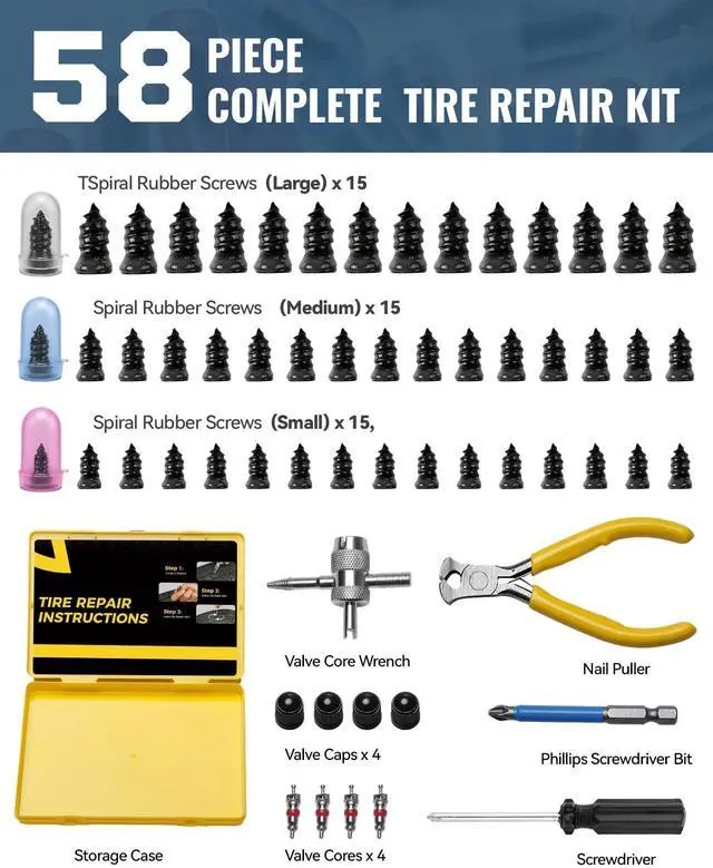 Alt view image 2 of 7 - Tire Repair Kit with Tire Plugs Screw Type, Heavy Duty Flat Tire Puncture Repair Nail Kit for Car, Truck, Motorcycle, SUV, ATV, Tractor