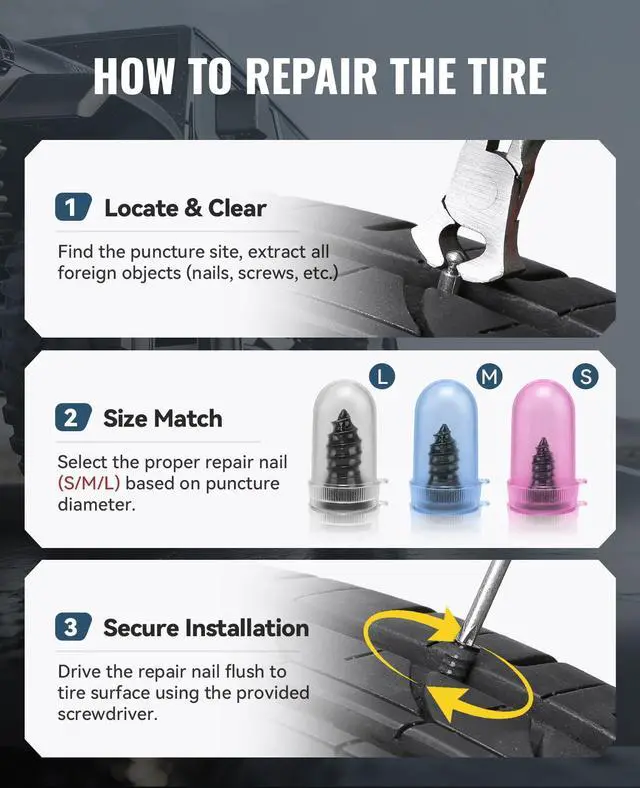 Alt view image 6 of 7 - Tire Repair Kit with Tire Plugs Screw Type, Heavy Duty Flat Tire Puncture Repair Nail Kit for Car, Truck, Motorcycle, SUV, ATV, Tractor