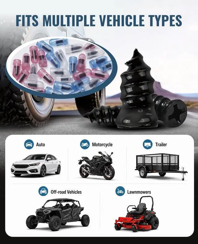 Alt view image 7 of 7 - Tire Repair Kit with Tire Plugs Screw Type, Heavy Duty Flat Tire Puncture Repair Nail Kit for Car, Truck, Motorcycle, SUV, ATV, Tractor