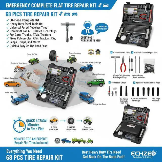 Alt view image 2 of 7 - Tire Repair Kit - 68pcs Heavy Duty Tire Plug Kit, Universal Tire Repair Tools to Fix Punctures and Plug Flats Patch Kit for Car, Motorcycle, Tractor, SUV, Truck, Tire Puncture Repair Kit