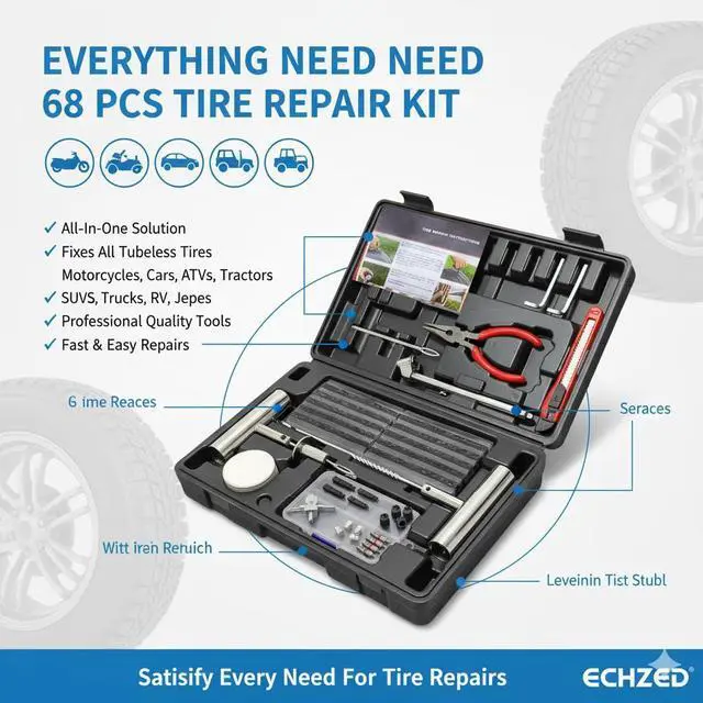 Alt view image 6 of 7 - Tire Repair Kit - 68pcs Heavy Duty Tire Plug Kit, Universal Tire Repair Tools to Fix Punctures and Plug Flats Patch Kit for Car, Motorcycle, Tractor, SUV, Truck, Tire Puncture Repair Kit