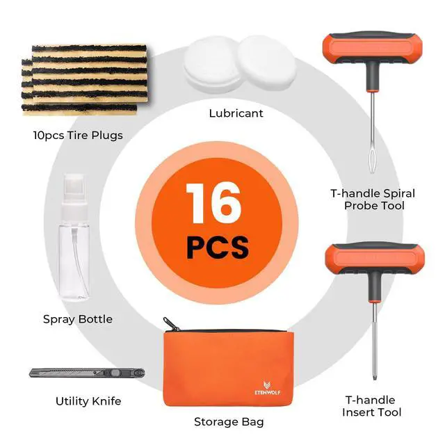 Alt view image 2 of 6 - Flat Tire Repair Kit with Plugs 16 Pcs, Heavy Duty Tire Plug Kit for Car, Motorcycle, ATV, Jeep, Truck, Tractor (Vivid Orange)