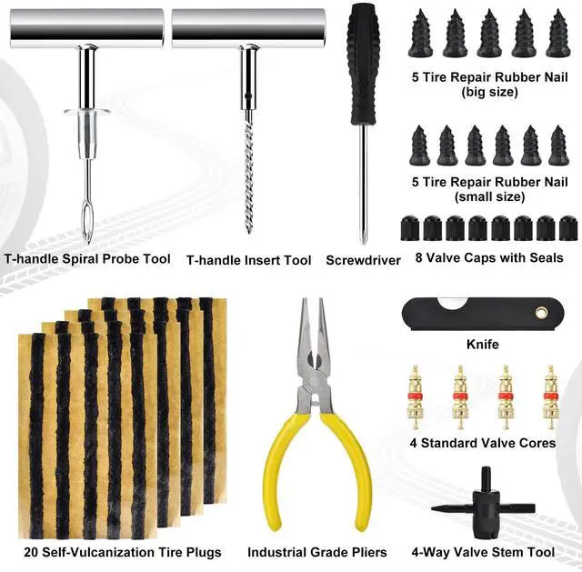Alt view image 2 of 7 - Tire Repair Kit, 48Pcs Tire Repair Tool with Plugs & Nail, Professional Heavy Duty Emergency Flat Tire Repair, Repair Tire for Car, RV, SUV, Jeep, UTV, Truck, Motorcycle, Tractor, Mower, Wheelbarrow