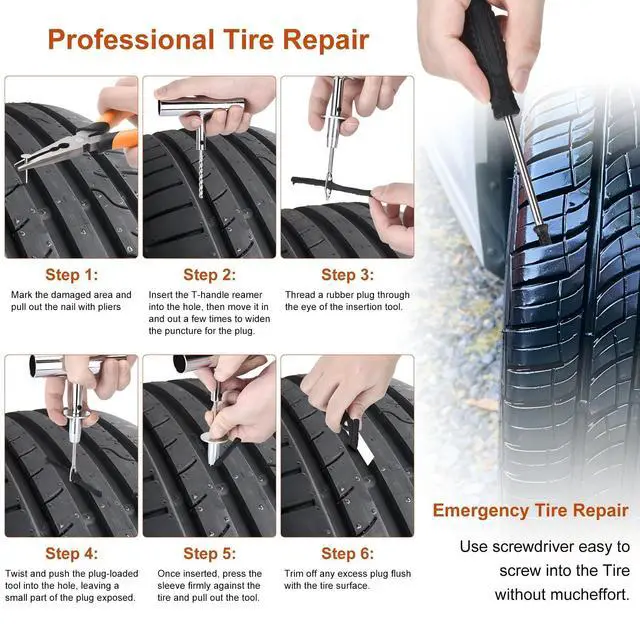 Alt view image 6 of 7 - Tire Repair Kit, 48Pcs Tire Repair Tool with Plugs & Nail, Professional Heavy Duty Emergency Flat Tire Repair, Repair Tire for Car, RV, SUV, Jeep, UTV, Truck, Motorcycle, Tractor, Mower, Wheelbarrow