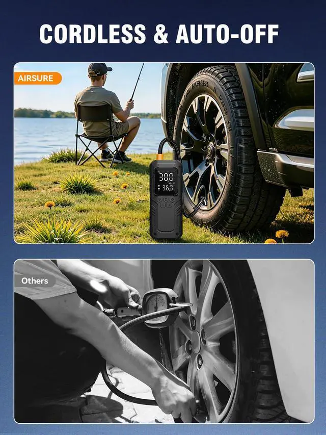 Alt view image 4 of 7 - Tire Inflator Portable Air Compressor, 5X Faster Air Pump for Car Tires with Powerful Battery, 12V DC & Autostop, 150PSI Cordless Tire Pump for Car, Motorcycle, Bike, Balls