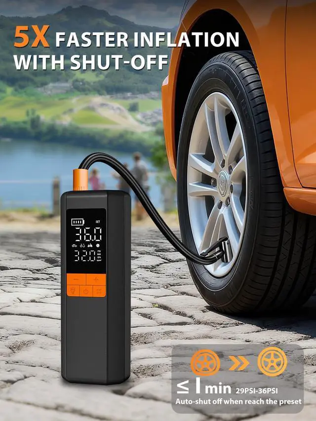 Alt view image 2 of 7 - Tire Inflator Portable Air Compressor, 5X Faster Air Pump for Car Tires, 150PSI Cordless Tire Pump with Powerful Battery, Digital Gauge, 12V DC & Auto Shut-Off for Car, Bike, Motorcycle, Balls