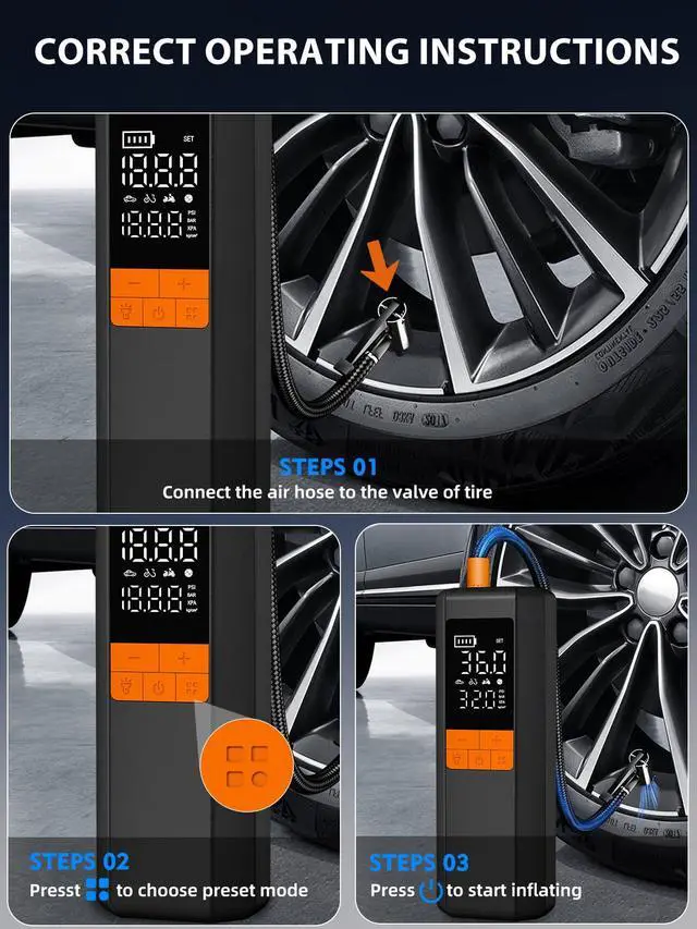 Alt view image 7 of 7 - Tire Inflator Portable Air Compressor, 5X Faster Air Pump for Car Tires, 150PSI Cordless Tire Pump with Powerful Battery, Digital Gauge, 12V DC & Auto Shut-Off for Car, Bike, Motorcycle, Balls