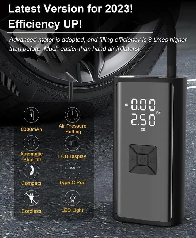 Alt view image 2 of 7 - Portable Air Pump for Car Tires with Digital Pressure Gauge, 150PSI Cordless Portable Tire Inflator Air Compressor Electric Rechargeable Tire Air Pump with Emergency Light for Car Bike Motorcycle Ball
