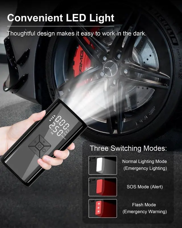 Alt view image 5 of 7 - Portable Air Pump for Car Tires with Digital Pressure Gauge, 150PSI Cordless Portable Tire Inflator Air Compressor Electric Rechargeable Tire Air Pump with Emergency Light for Car Bike Motorcycle Ball