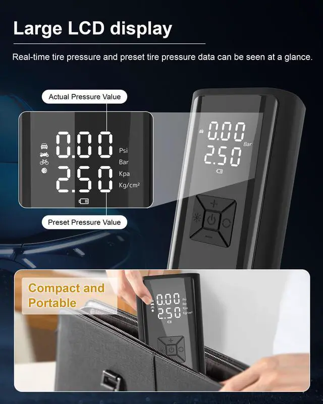 Alt view image 6 of 7 - Portable Air Pump for Car Tires with Digital Pressure Gauge, 150PSI Cordless Portable Tire Inflator Air Compressor Electric Rechargeable Tire Air Pump with Emergency Light for Car Bike Motorcycle Ball