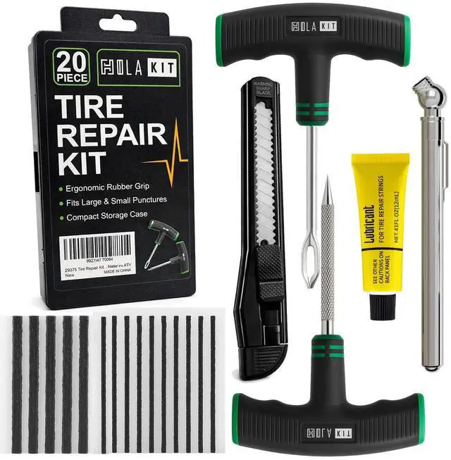 Main image of 20PCS Tire Repair Kit Flat Tire Plug Kit includes Ergonomic T-Handle Tools with Rubber Covered Grip, 2 Sizes Tire Repair strips, Knife, Tire Pressure Gauge & Lubricant Car, SUV, Motorcycle, ATV