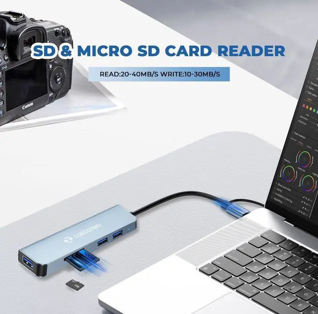 Alt view image 2 of 7 - USB Hub 5 Ports, Multiple USB Hub 3.0 & TF/SD Card Reader, USB Splitter 5 in 1 USB Extender Compatible with MacBook/Pad Pro/Dell/HP Laptop/Phones