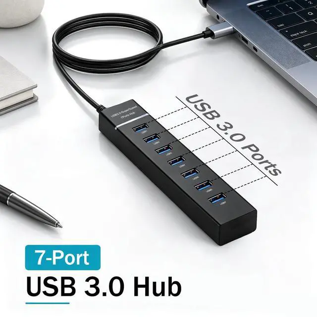Alt view image 6 of 6 - 4Ft Long Cable USB Expander Hub 7-Port USB 3.0 Hub for Desktop 5GbpsUSB SplitterUSB Multiport Adapter for PC Desktop Laptop Mobile HDD Flash Drive