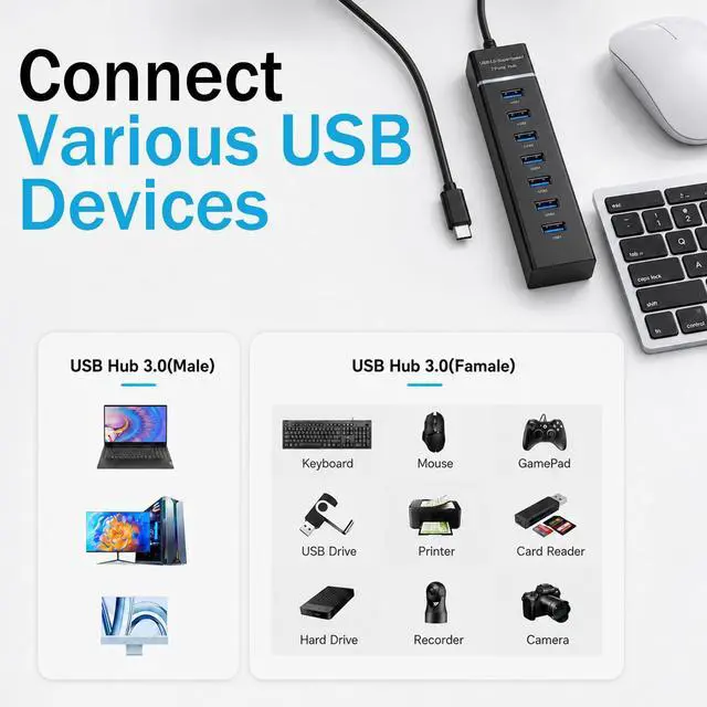 Alt view image 5 of 6 - 4Ft Long Cable USB Expander Hub 7-Port USB 3.0 Hub for Desktop 5GbpsUSB SplitterUSB Multiport Adapter for PC Desktop Laptop Mobile HDD Flash Drive