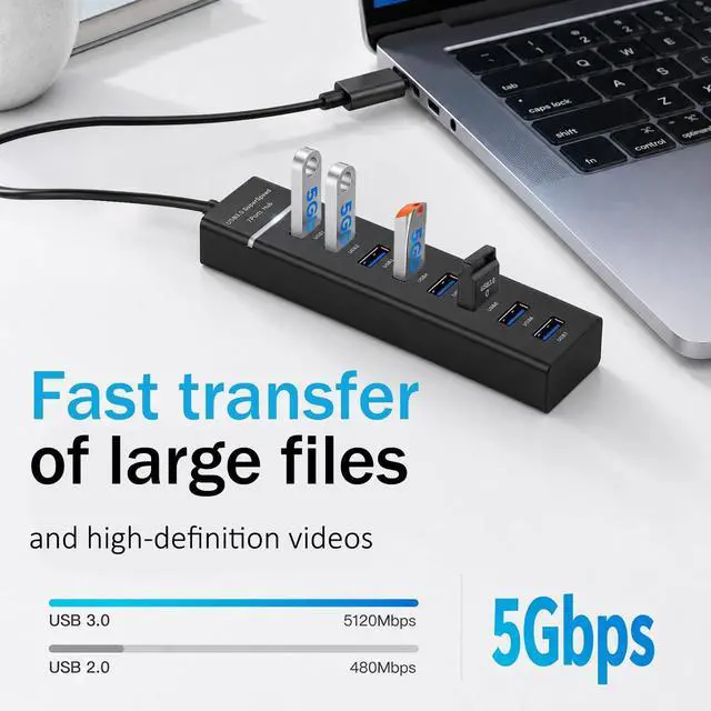 Alt view image 3 of 6 - 4Ft Long Cable USB Expander Hub 7-Port USB 3.0 Hub for Desktop 5GbpsUSB SplitterUSB Multiport Adapter for PC Desktop Laptop Mobile HDD Flash Drive