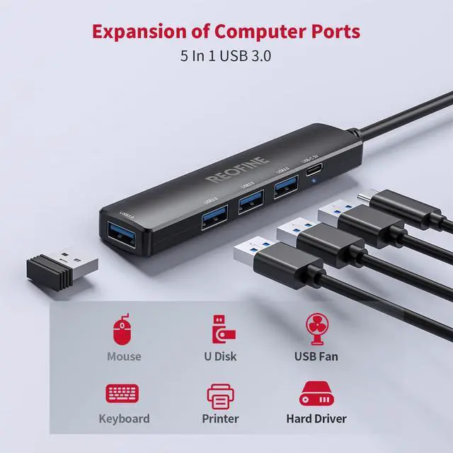 Alt view image 3 of 7 - 5-Port Powred USB 3.0 Hub,USB Hub Splitter,Portable USB Adapter Mini Multiport Expander for Desktop, Laptop, Gamepad,U Disk, Printer, Mouse, Keyboards