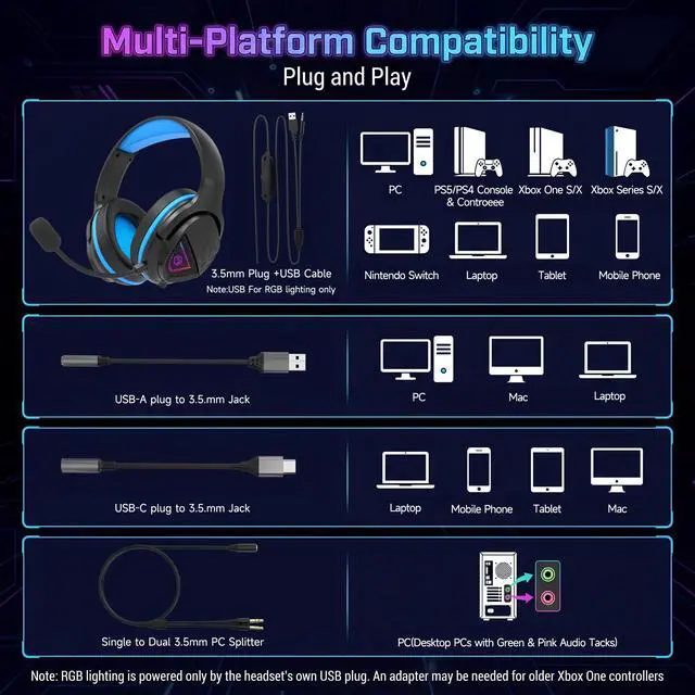 Alt view image 5 of 7 - H20 Stereo Gaming Headset with Adapter Kit-Includes 3.5mm,USB-C,USB-A,PC Splitter,for PC, PS5, PS4,Xbox, Switch,X|S,Over-Ear Noise Cancelling Wired Headphones with Microphone for phone,Laptop