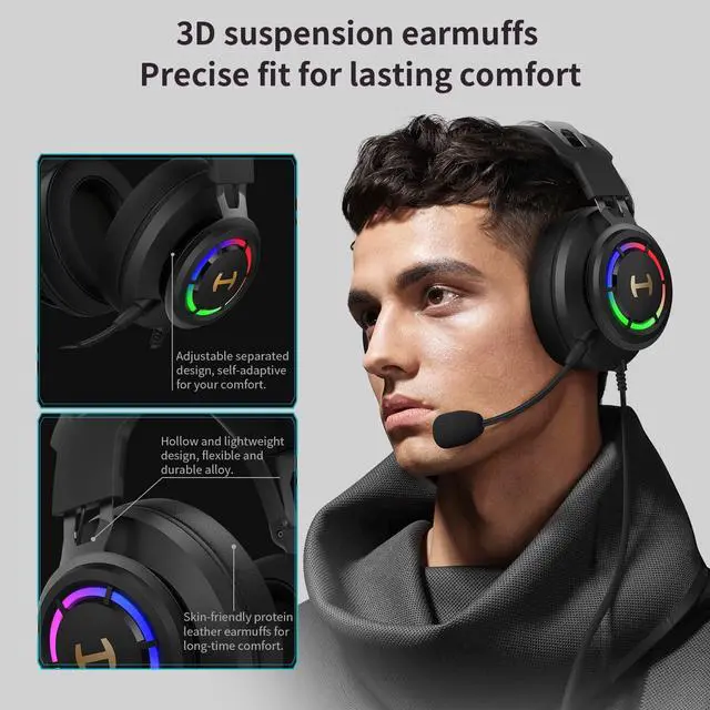 Alt view image 5 of 6 - 7.1 Hi-Res Sound PC Gaming Headset Weird USB Over-Ear Headphone Noise Cancelling Mic RGB Light for PC PS4 Laptop Mac Desktop