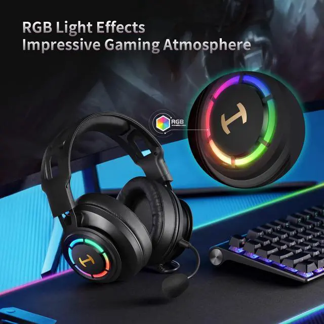 Alt view image 6 of 6 - 7.1 Hi-Res Sound PC Gaming Headset Weird USB Over-Ear Headphone Noise Cancelling Mic RGB Light for PC PS4 Laptop Mac Desktop