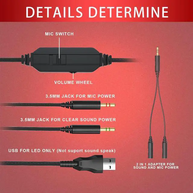 Alt view image 3 of 7 - MH601 Headphones with Microphone Wired Headset with Active Noise Canceling Microphone, 3.5mm Audio Jack Stereo Headphone - Red (Game/Work/School)