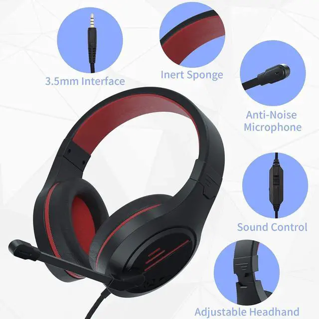 Alt view image 7 of 7 - MH601 Headphones with Microphone Wired Headset with Active Noise Canceling Microphone, 3.5mm Audio Jack Stereo Headphone - Red (Game/Work/School)