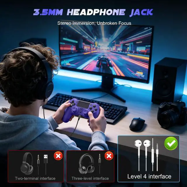 Alt view image 5 of 7 - Wireless Controller for PS-4, Gamepad with Dual Vibration/Hall Effect Joysticks/Six-axis Gyroscope Sensor/Touchpad, Built-in Speaker & Headphone Jack, Compatible with PS4/Slim/Pro Console/PC