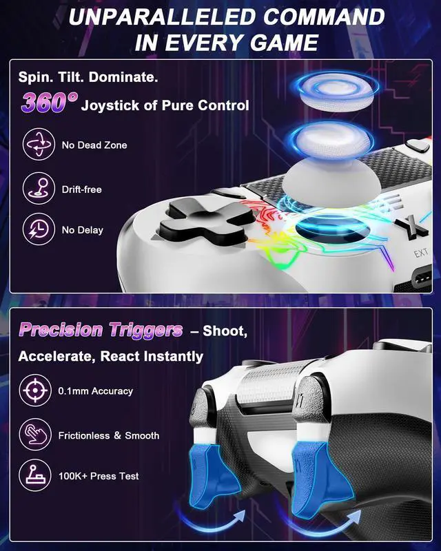 Alt view image 3 of 7 - Light-up Wireless Controller for PS-4,New RGB Controllers with Hall Effect Joystick/1000mAh Battery/Type-C/Vibration/6-Axis Gyro/Headphone Jack/Touch Pad,for PS-4/Slim/Pro Console (White)