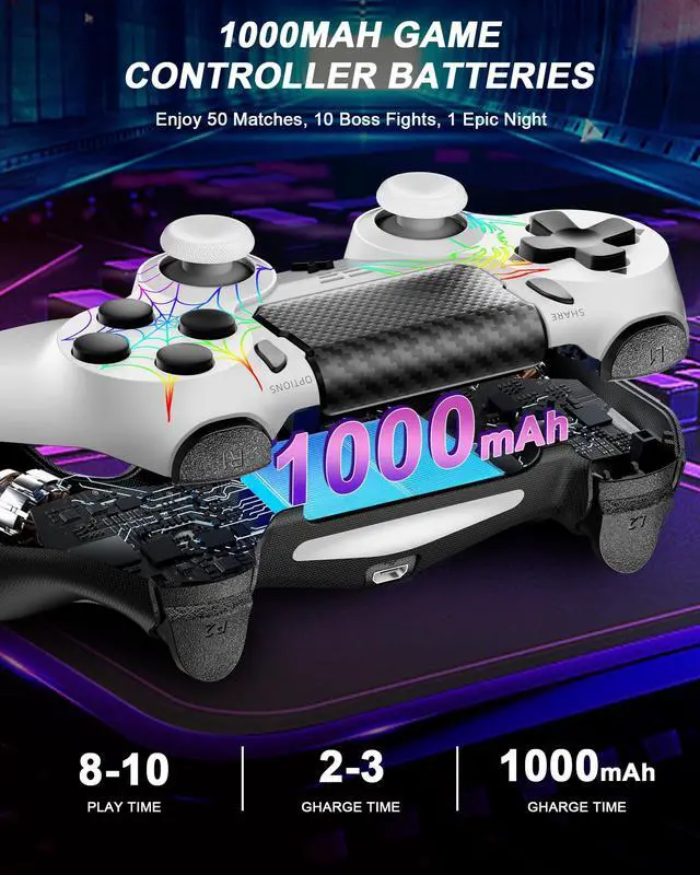 Alt view image 4 of 7 - Light-up Wireless Controller for PS-4,New RGB Controllers with Hall Effect Joystick/1000mAh Battery/Type-C/Vibration/6-Axis Gyro/Headphone Jack/Touch Pad,for PS-4/Slim/Pro Console (White)