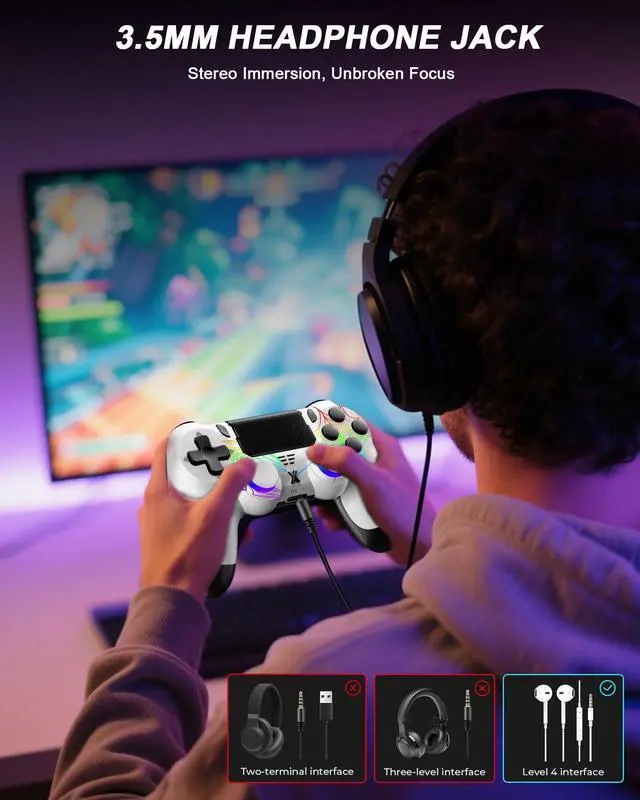 Alt view image 6 of 7 - Light-up Wireless Controller for PS-4,New RGB Controllers with Hall Effect Joystick/1000mAh Battery/Type-C/Vibration/6-Axis Gyro/Headphone Jack/Touch Pad,for PS-4/Slim/Pro Console (White)