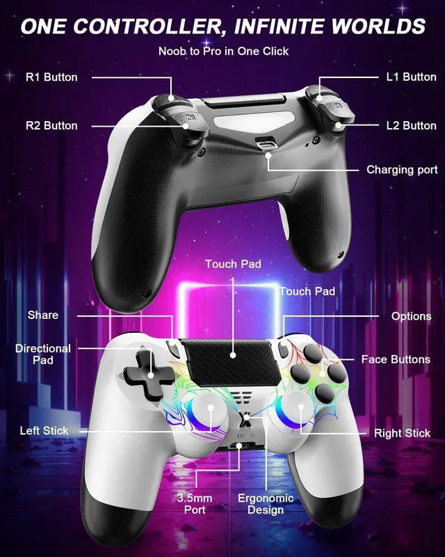 Alt view image 7 of 7 - Light-up Wireless Controller for PS-4,New RGB Controllers with Hall Effect Joystick/1000mAh Battery/Type-C/Vibration/6-Axis Gyro/Headphone Jack/Touch Pad,for PS-4/Slim/Pro Console (White)