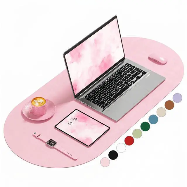 Main image of Desk Mat, 31.5" x 15" Oval PU Leather Non-Slip Desk Pad Large Mouse Pad for Desktop, Waterproof Countertop Protector Writing Mat for Office, Home, Gaming, Vanity, Light Pink